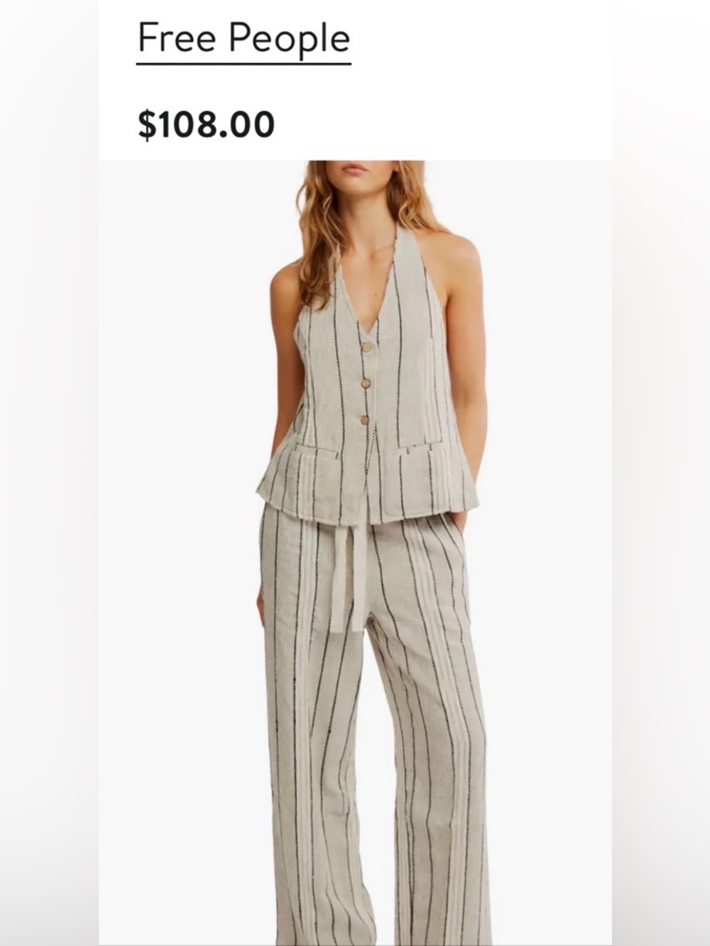 Free People Cream and Black Striped Wide-Leg Jumpsuit